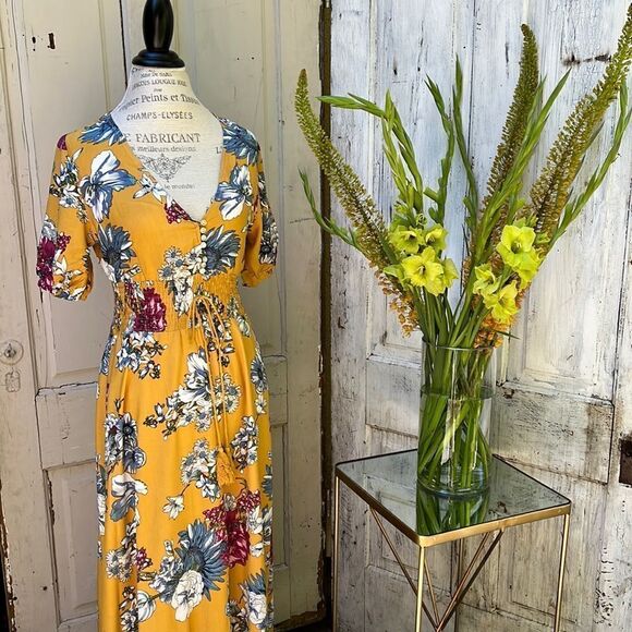 MUSTARD YELLOW FLORAL MAXI DRESS  SIZE S M L  BNWT - Picture 1 of 10